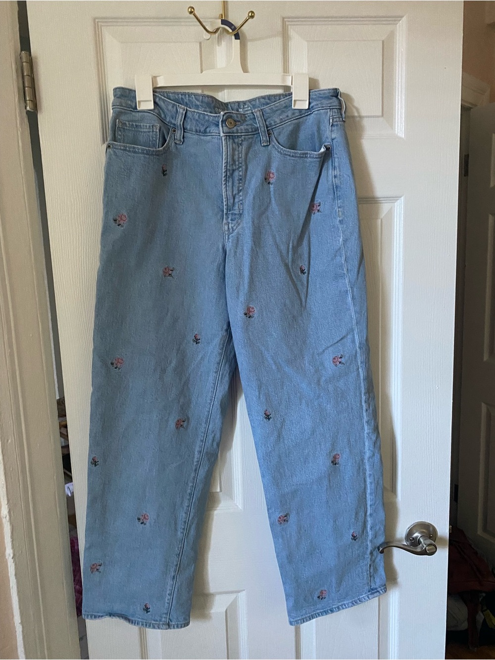 Old Navy Light Blue High-Rise Mom Jeans with Pink Floral Embroidery